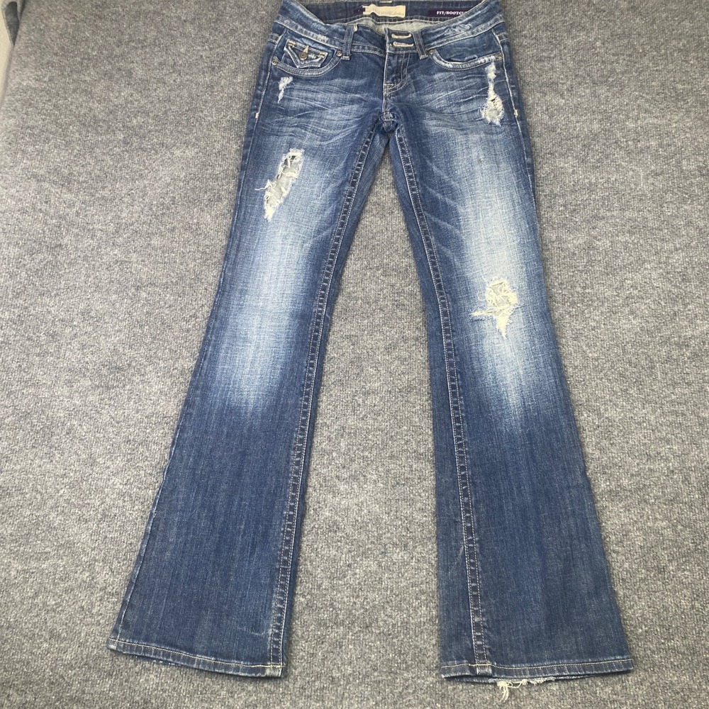 Vigoss Collection Womens Distressed Bootcut Jeans Flap Thick Stitch Blue Size 1